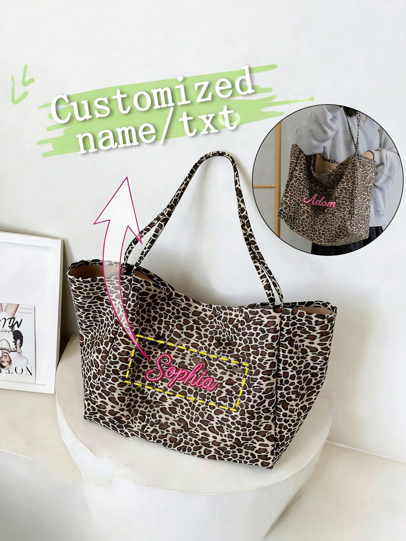 Embroidery Name - Sac fourre-tout personnalisé à imprimé léopard