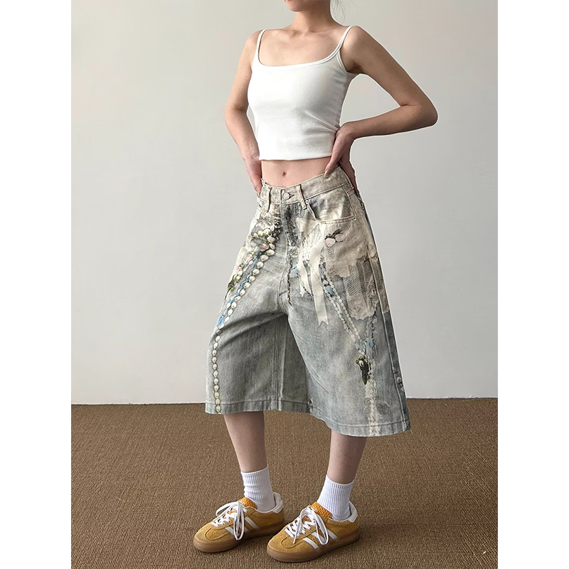 Shorts en jean unisexe décontr - Embroidery Design 3D avis et prix